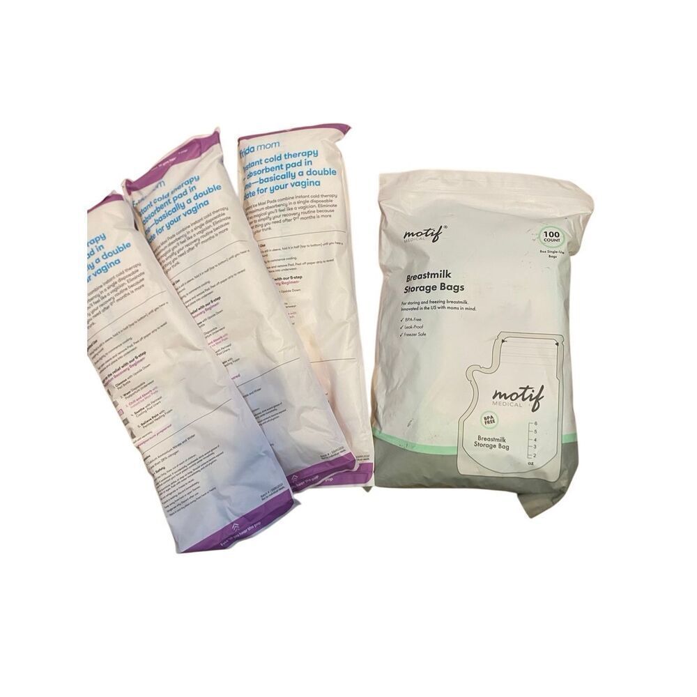 100-count pack Motif Medical Breastmilk Storage & 3 Frida Mom Instant Ice Maxi